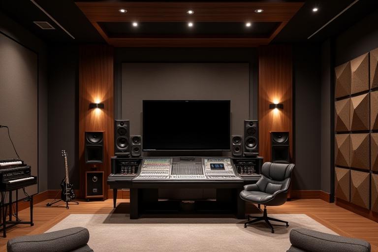 Intérieur du studio Résonance, une salle de contrôle moderne avec un grand écran et une console de mixage