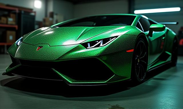 Coche deportivo con wrap de textura escamosa, acabado brillante y reflejos verdosos.
