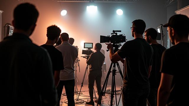 Équipe de production audiovisuelle en plein tournage d'un projet, caméras et lumières.
