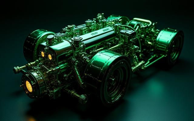 Primer plano de un motor튜ning automotriz de alto rendimiento con detalles brillantes y componentes personalizados.