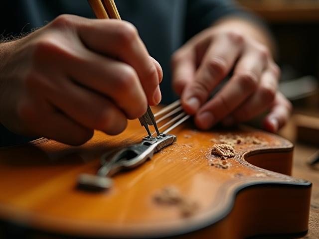 Gros plan d'un luthier travaillant sur un instrument dans un studio bien éclairé.
