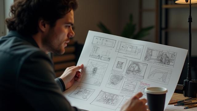 Artiste examinant un storyboard de clip vidéo dans un studio de production.